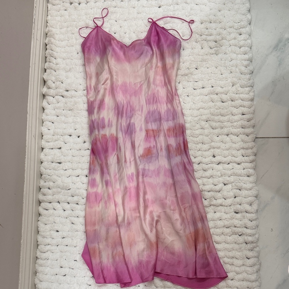 Nordstrom S Vintage Midi Slip Dress 100% silk tie-dye pink slinky v neck